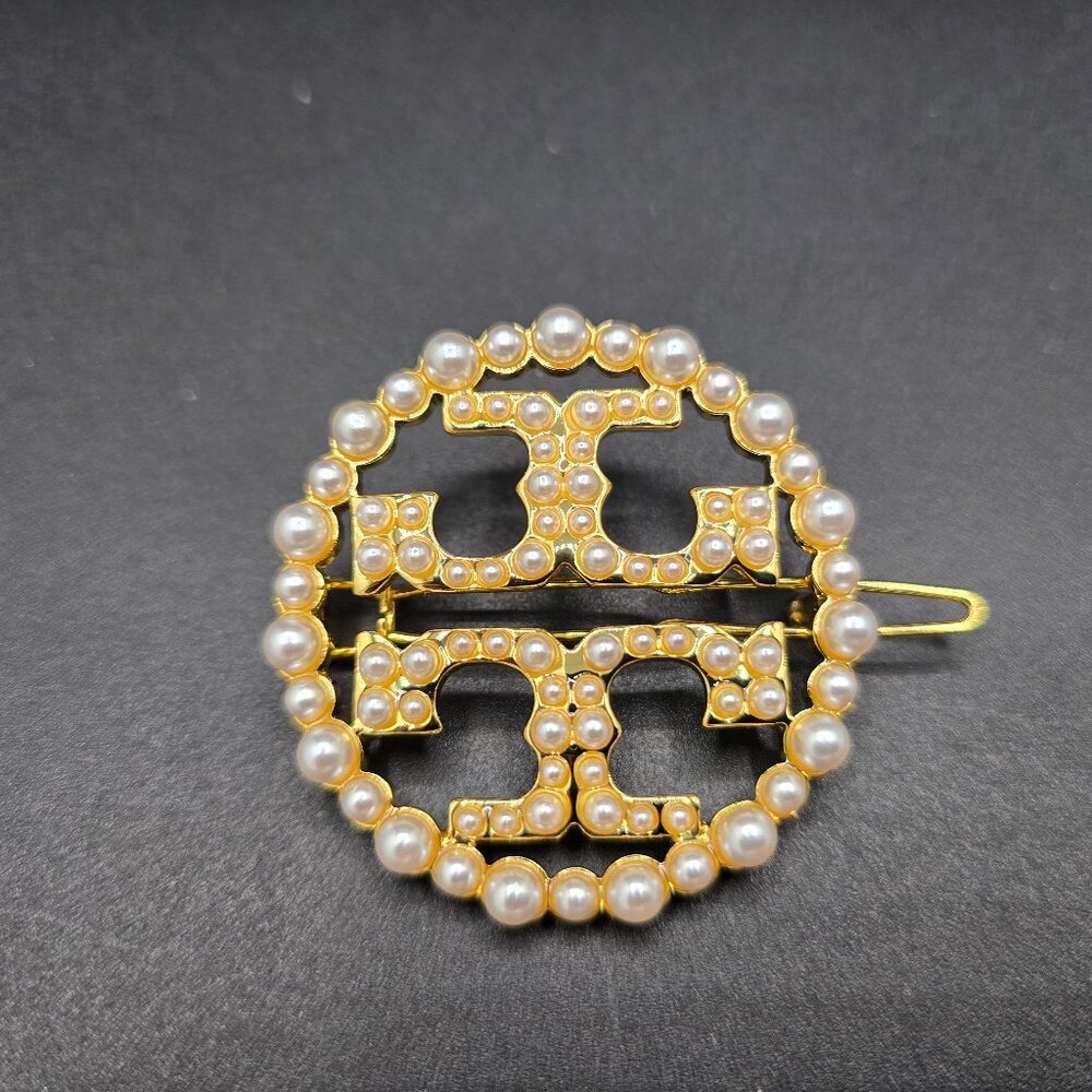 Tory Burch Gold Metal Tone Rhinestone Double T Logo Hair Clip w/Blue Pouch NWT